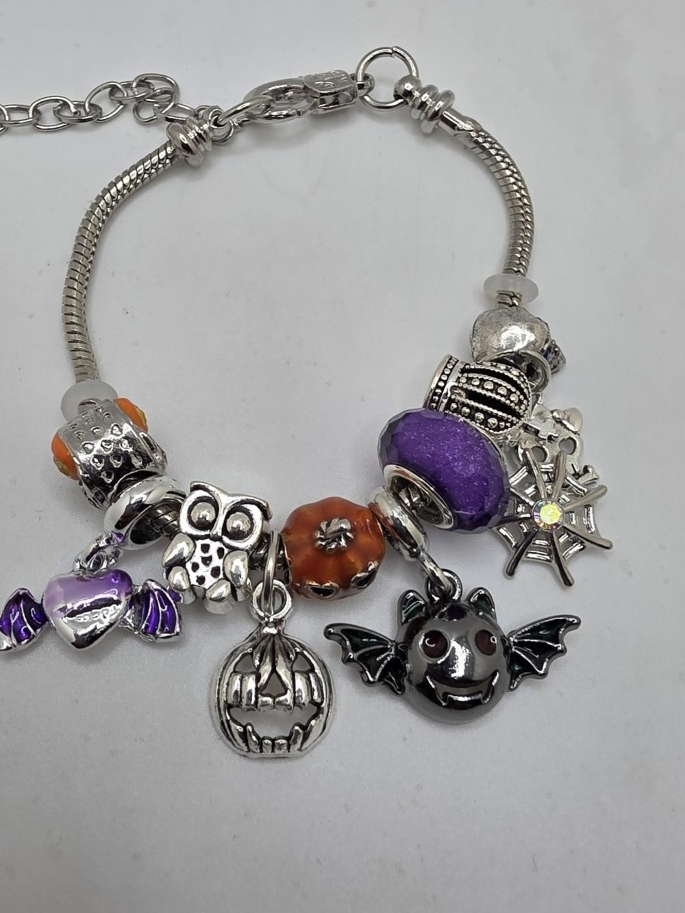 Silver Halloween Charm Bracelet with Purple and Orange Beads